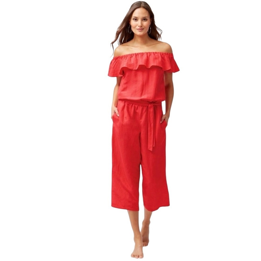 Tommy Bahama Red Linen Blend Off‎ Shoulder Ruffle Jumpsuit (no belt) Womens M